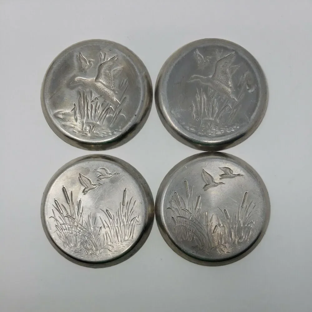 Ducks Geese Coasters Aluminum Vintage MCM 1950's Cattails Collectible